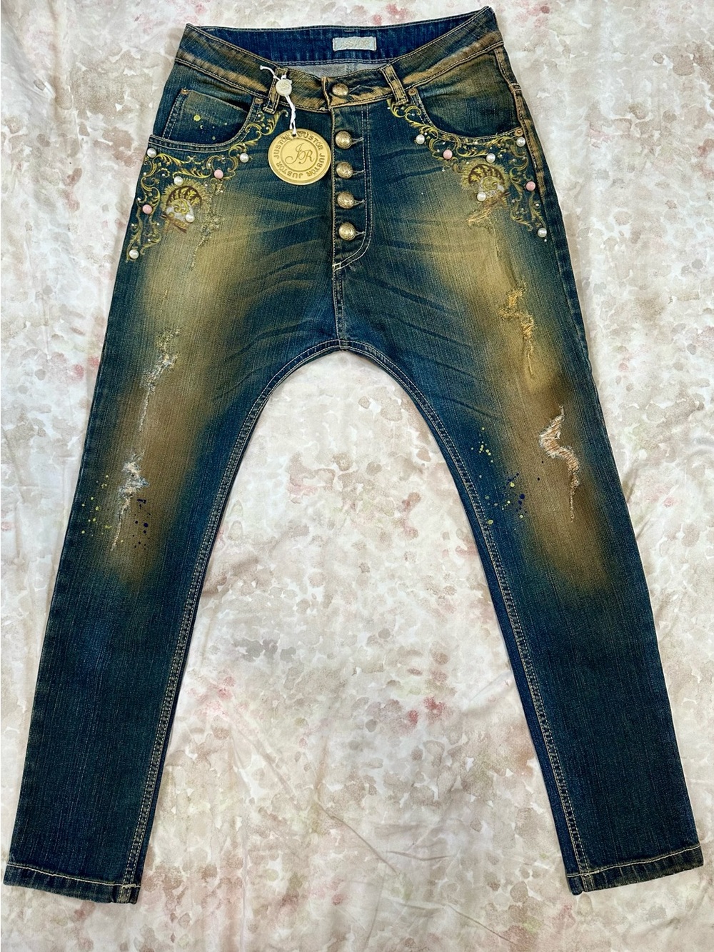 Two-Tone Blue and Tan Distressed Denim Detail